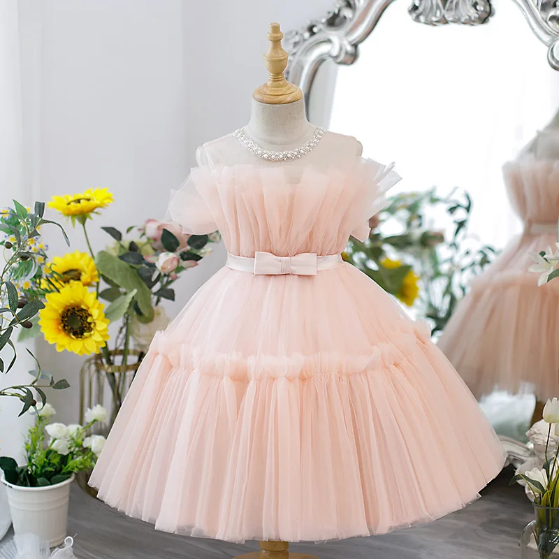 Baby 1st Birthday pearl Party Pink Bow Princess Tutu tulle Dress summer Fluffy Children's Flower Girl Wedding Little Girl Dress