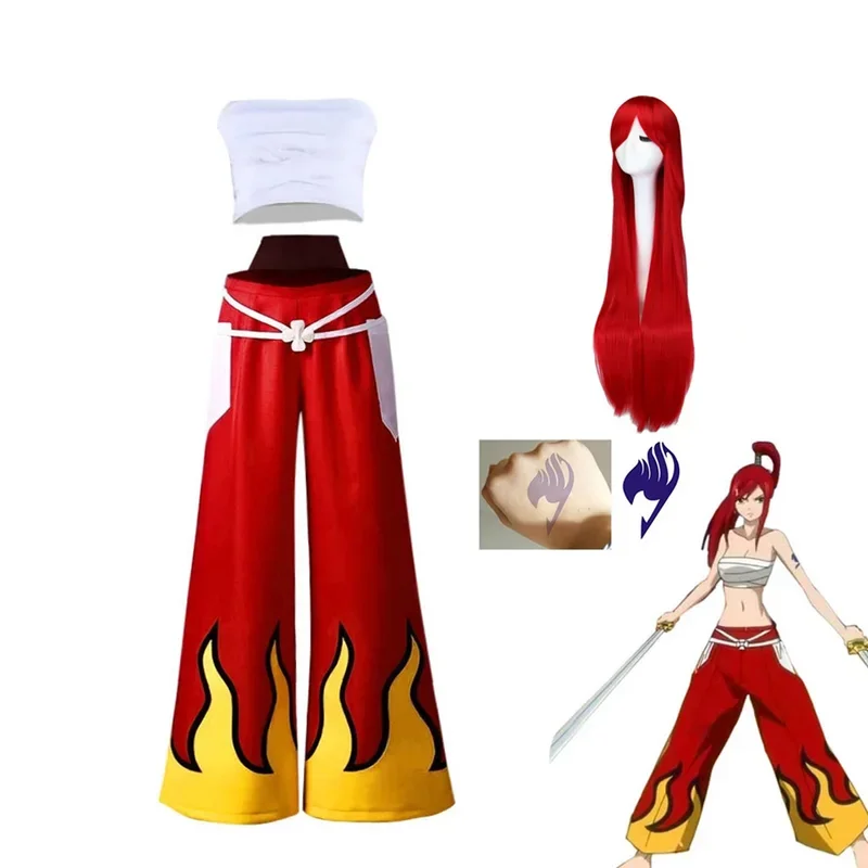 

anime Cosplay Women Japanese Role Erza Scarlet Costume Pants White Tube Tops Red Cool Set Dark Blue Tail Tattoo Sticker