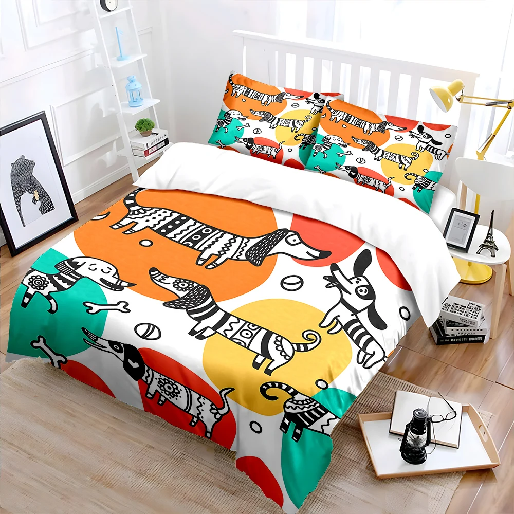 

Cartoon patterned dogs with colorful background Bedding Set 1 Duvet Cover 2 Pillowcases for Adult Children Luxury Gift Full Size