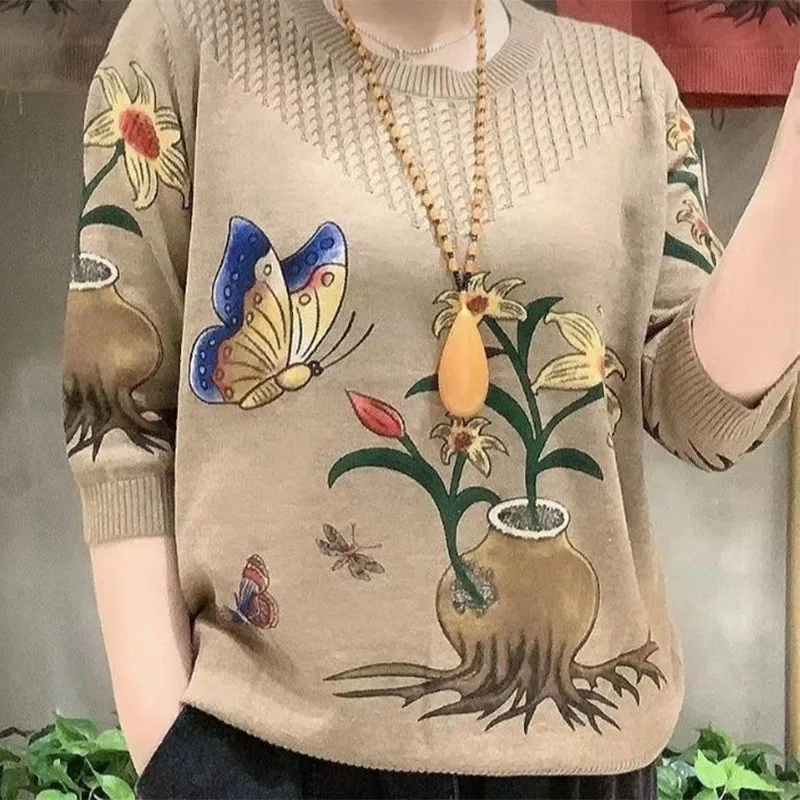 Autumn New Korean Simple Commuting Versatile Round Neck Pullover Sweater Women\'s Print Butterfly Middle Sleeve Loose Knitted Top