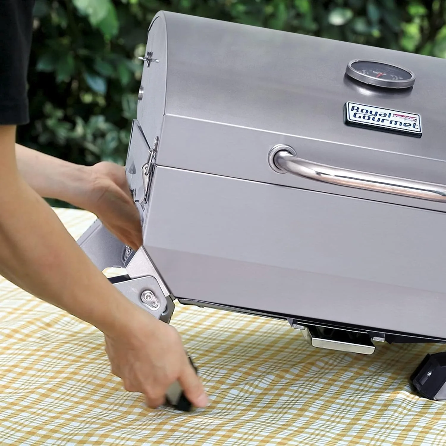 Royal Gourmet GT1001 Stainless Steel Portable Grill, 10000 BTU BBQ Tabletop Gas Grill with Folding Legs and Lockable Lid, Silver