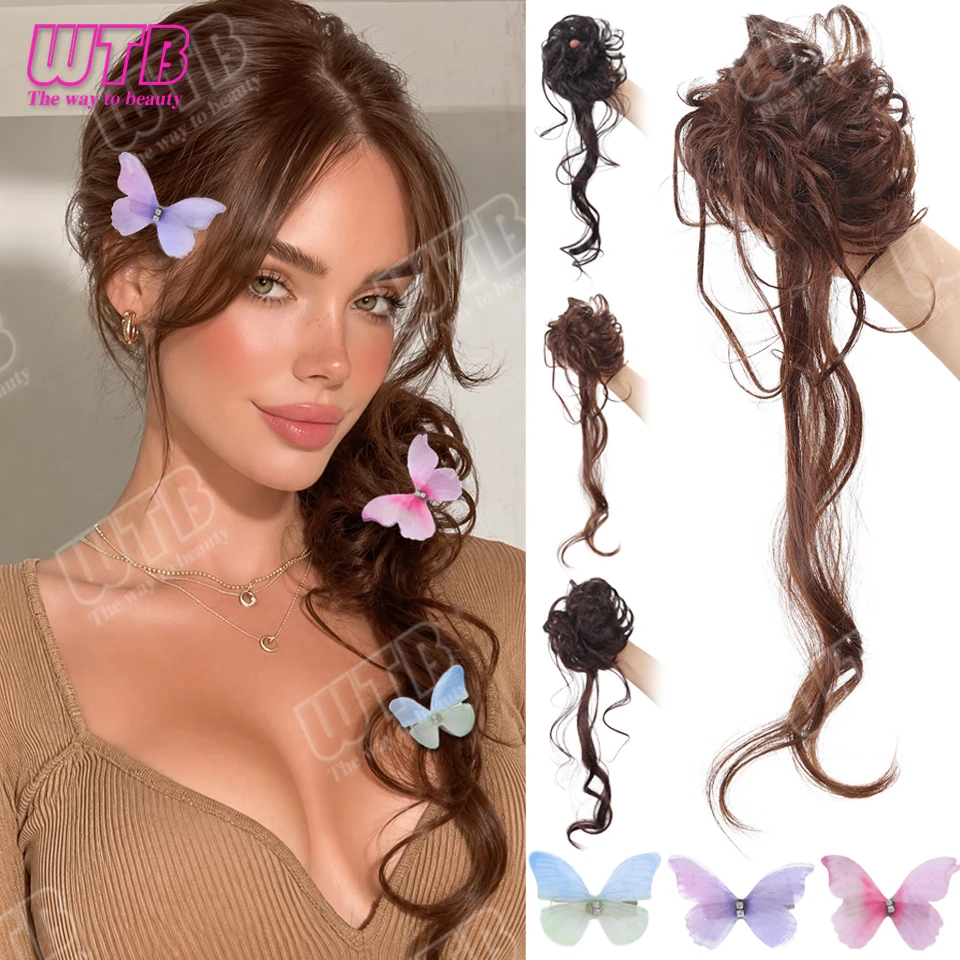 Long Hair Tail Bun Wig Synthetic Curly Hair Bun with Hair Tie and Bow Clip Accessory Suitable for Women Daily Holiday Hairstyle