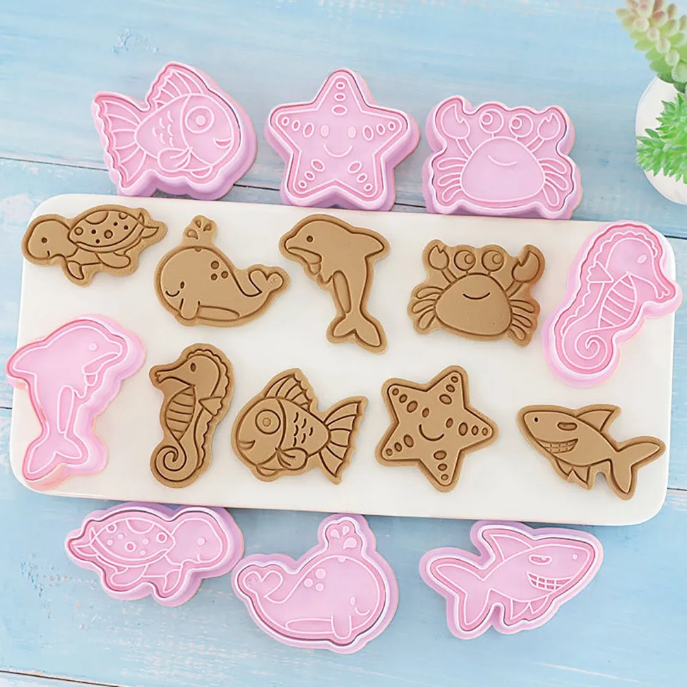 8Pcs Ocean Animals Cookie Cutters With Plunger Stamp Plastic Baking Mold Fish Whale Starfish Turtle And More Shape Biscuit Molds