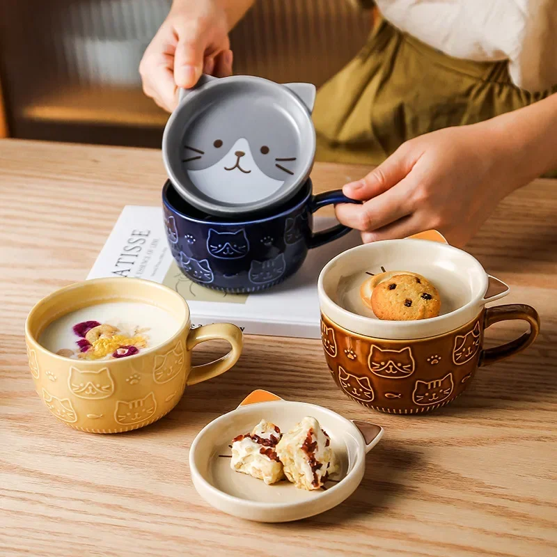 Tasse en céramique de chat mignon Super mignonne et créative avec couvercle, tasse d'eau de tasse d'avoine de lait d'étudiant de dessin animé à haute esthétique