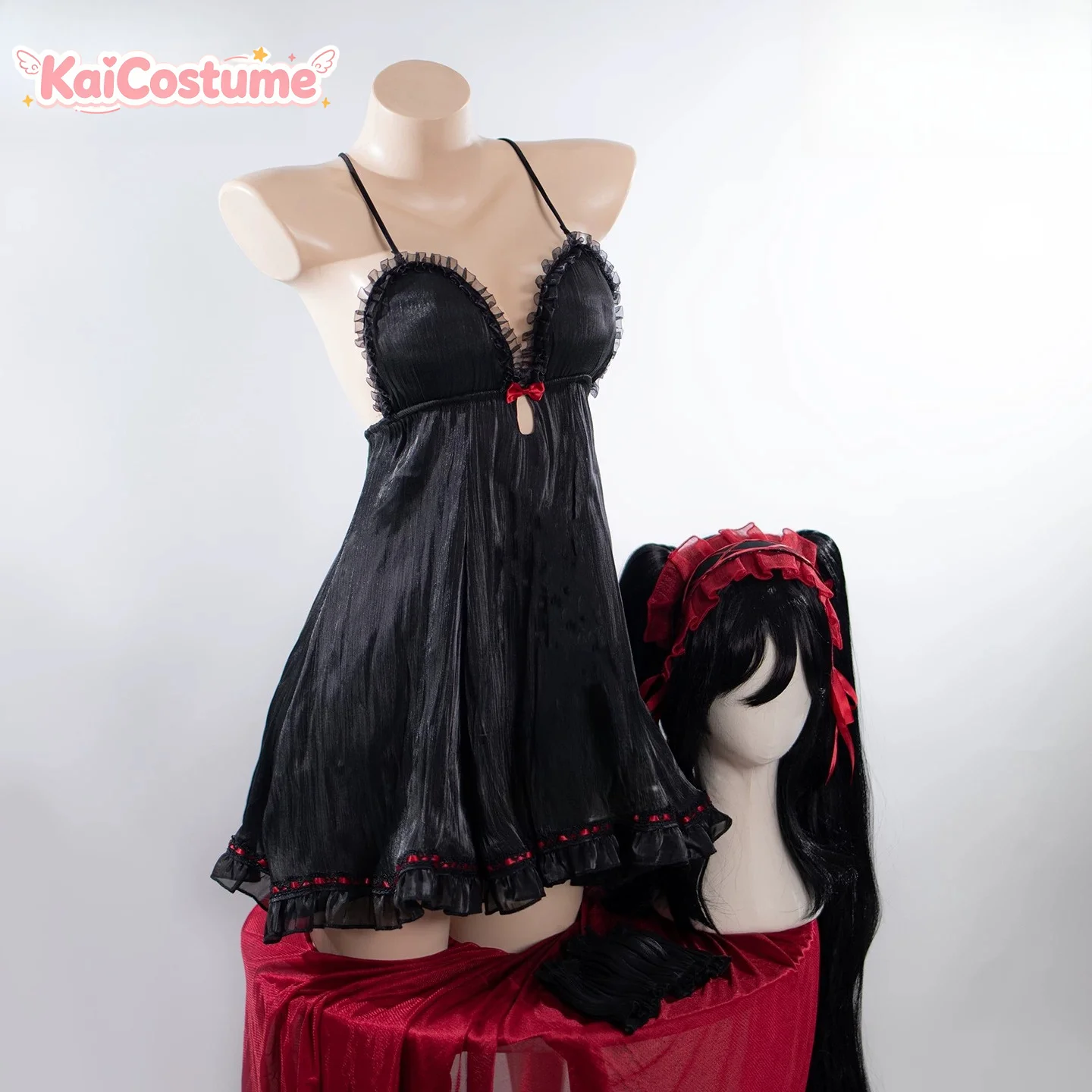 Disfraz de Date A LiveTokisaki Kurumi, camisón negro con aro para el pelo, peluca larga y rizada, traje de personaje de Anime para Halloween