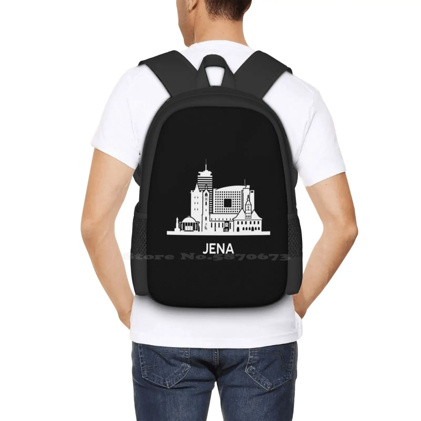 Jena Skyline-mochila con diseño de patrón blanco, mochilas escolares, Jena Turingia, Vector aislado, símbolo de viaje de Alemania, ubicación de la ciudad