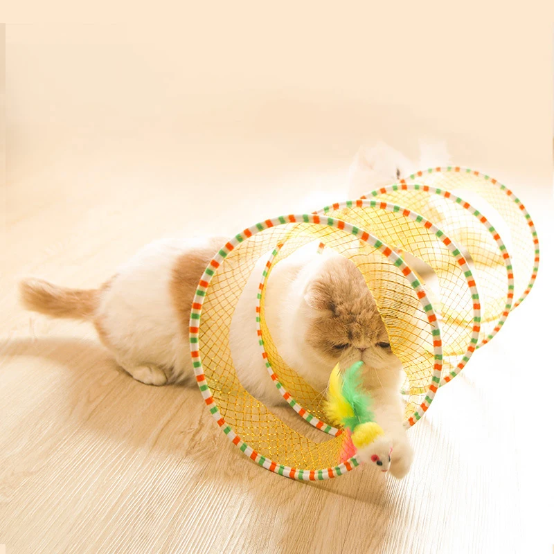 Pet Cat Toy Spiral Cutout Cat Tunnel With With Plush Mouse Feather S-shaped Interactive Play Pet Supplies Bunny Kitten Toy