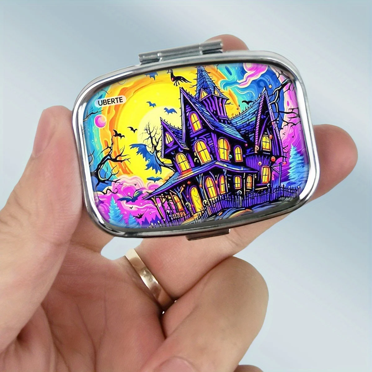 Gothic-Style and Halloween-Themed Metal Pill Box with Dual Compartments - Rubber Printing, Food Safe, Multi-Functional for Jewelry and Vitamins, Decorative Capsule Storage, Ideal Gift for Family and Friends