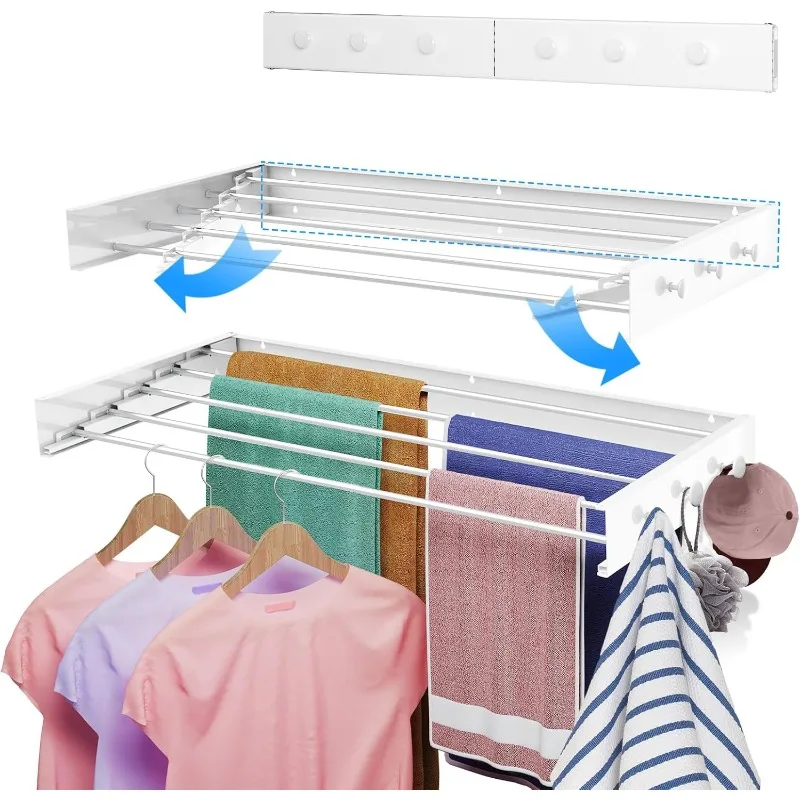 

Upgrade 6 Knob Hooks Wall Mounted Drying Rack: 40" Wide Collapsible Laundry Drying Racks, 5 Aluminum Rods,16.5 Linear Ft Drying