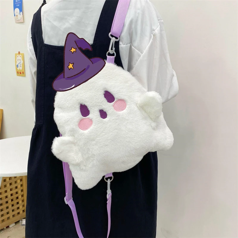 Bolsa de pelúcia fantasma kawaii feminina, bolsa engraçada dos desenhos animados, mochila com tudo, sacolas pequenas de desenhos animados, moda casual, doce e fofo