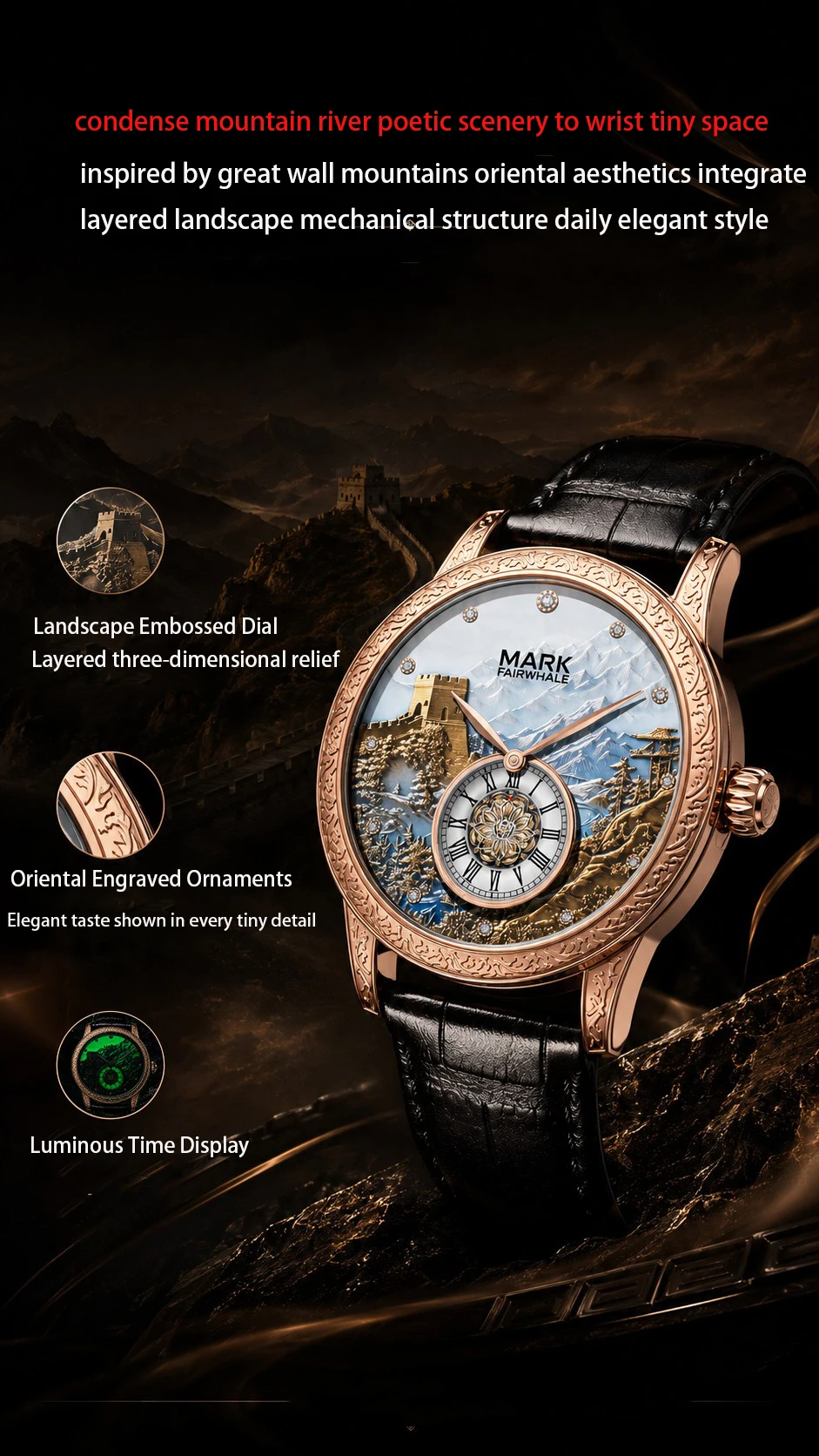 Men's Automatic Great Wall Mechanical Watch Luminous Skeleton Two Hands Small Second Sub Dial 30M Water Resistant 43MM Large Dia