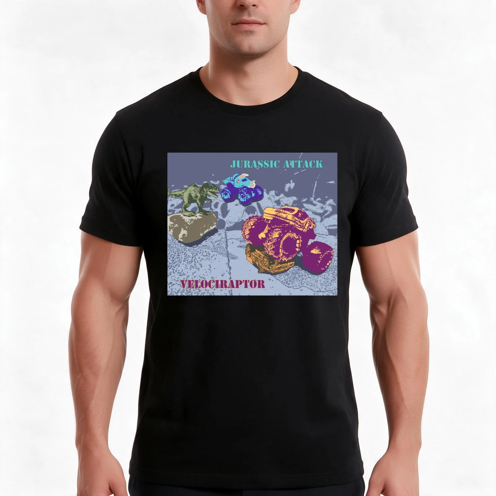 Jurassic Attack & Velociraptor T-Shirt, Summer Casual Cotton Tee, Oversized Streetwear Tops, Vintage Graphic Print, 100% Cotton
