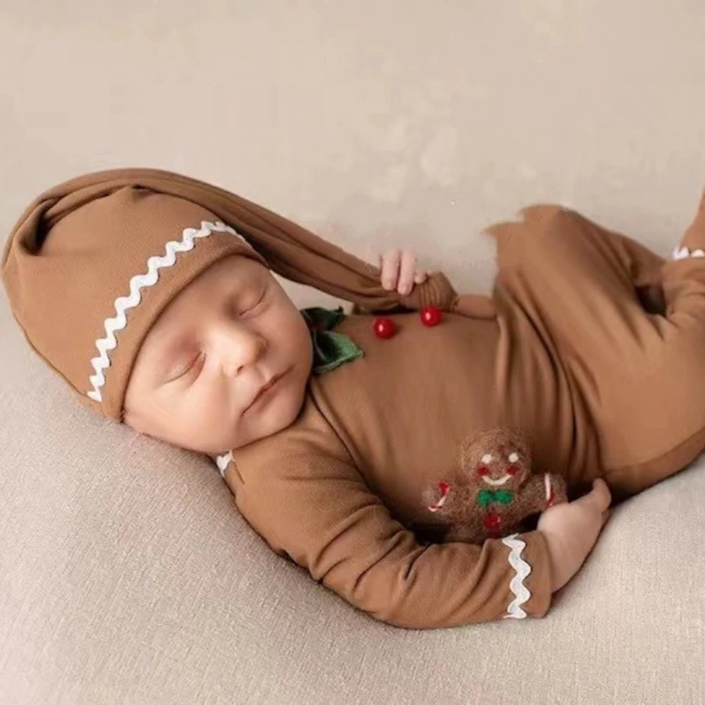 

Newborn Christmas Gingerbread Outfit Long Sleeve Romper Hat Set Baby Photography Props Holiday Costume Boutique Accessories