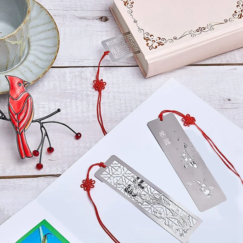 8 Pcs Hollow Metal Bookmarks With Red Knot Theme Series Bookmarks Set For Reading Book,4.5 X 1.25 Inch