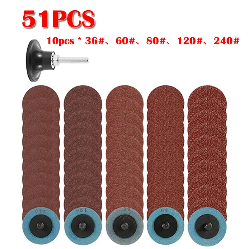 

51PCS 2inch Sanding Discs Angle Grinder Polishing Grinding Sandpaper with Roll Lock Disc Pad Holder 36# 60# 80# 120# 240# Grit