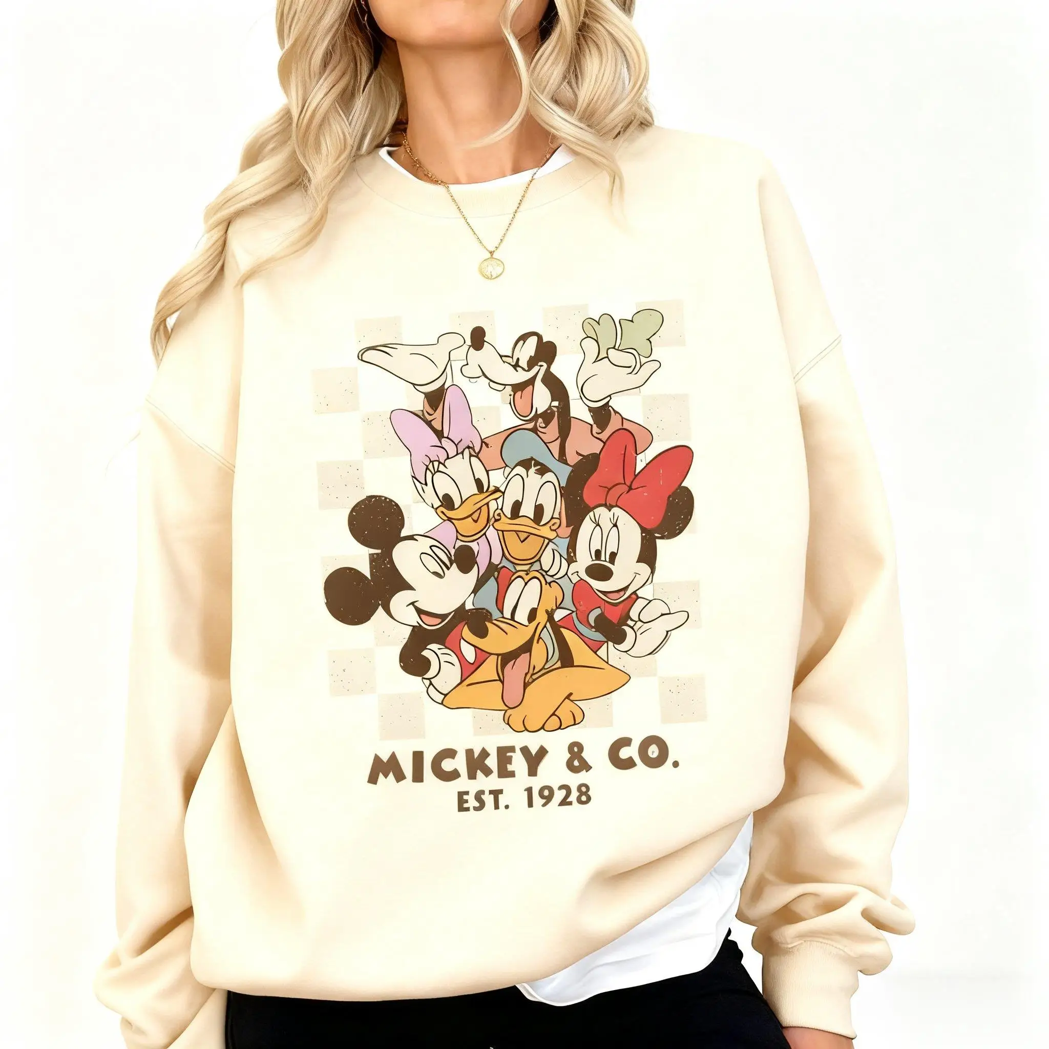 خمر ديزني ميكي ماوس Crewneck البلوز المرأة فضفاضة عادية كم طويل البلوز سترة الشارع الشهير الخريف الشتاء جديد