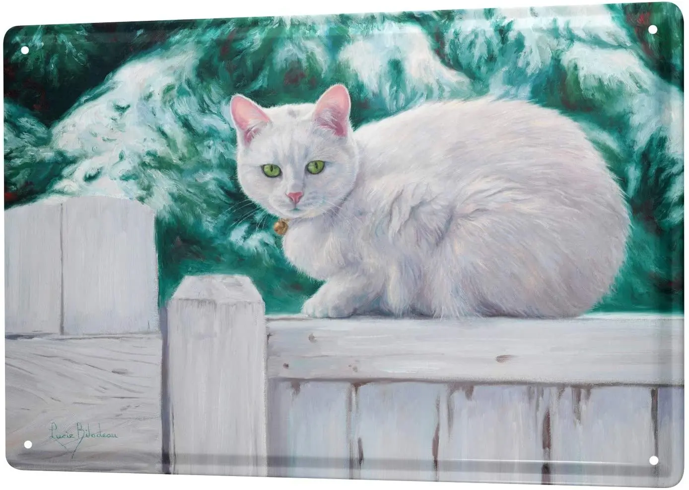 

LEotiE SINCE 2004 Tin Sign Metal Plate Decorative Sign Home Decor Plaques Cat White cat on Fence Metal Plate 8X12