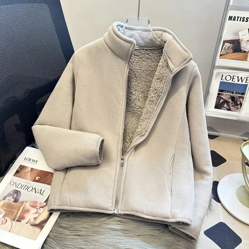 2025 Casual Polar Fleece Sweatshirt Women's Stand-up Collar Short Coat Autumn Winter Zipper-up Thicken Jacket Lady Warm Tops