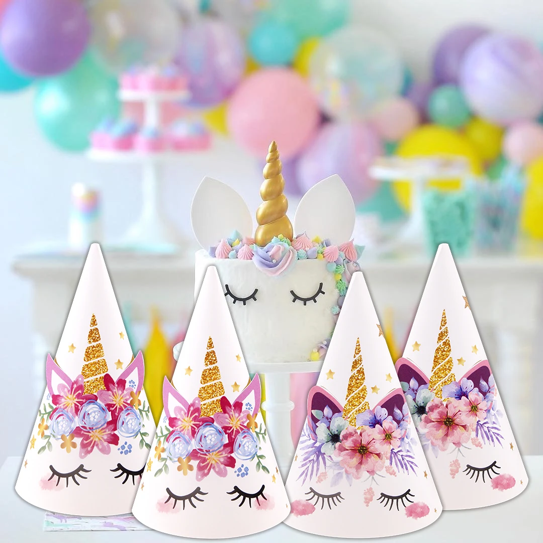 6 pezzi di carta di cartone cappelli di unicorno cappello di compleanno per bambini per Baby Shower bambini unicorno decorazioni per feste felici