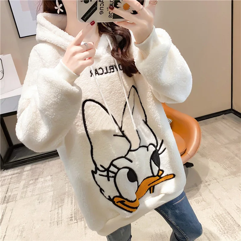 Woman Jacket Lamb Wool Coat Autumn and Winter New Cute Donald Duck Lamb Wool Sweater Coat Female Thick Mid-lengths