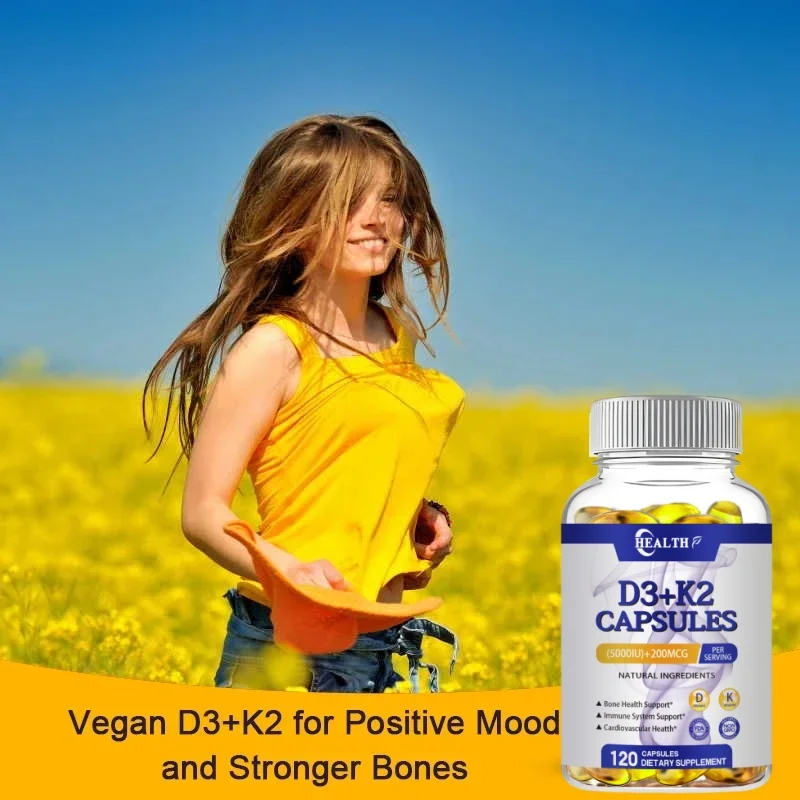 HEALTH Vitamin D3 K2 5000 IU 200 MCG Capsules NonGMO Vegan Nutural Glutenfree