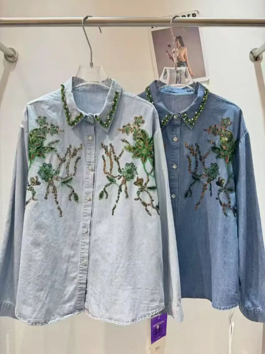 

Новинка 2026 года: Модные джинсовые рубашки и блузки с бриллиантовой отделкой для женщин, свободная повседневная верхняя одежда, джинсовый топ, женская одежда