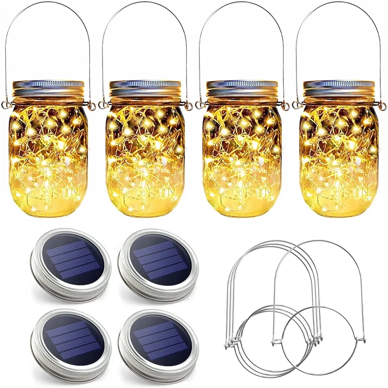 20 LED solaire Mason Jar lumières étanche fée luciole pot couvercle avec poignées lumières pour Patio jardin décoration de mariage (sans pot)