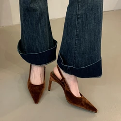 SUOJIALUN 2025 New Brand Women Sandal Shoes Thin High Heel Ladies Elegant Slingback Shoes Pointed Toe Slip On Dress Mules Pumps