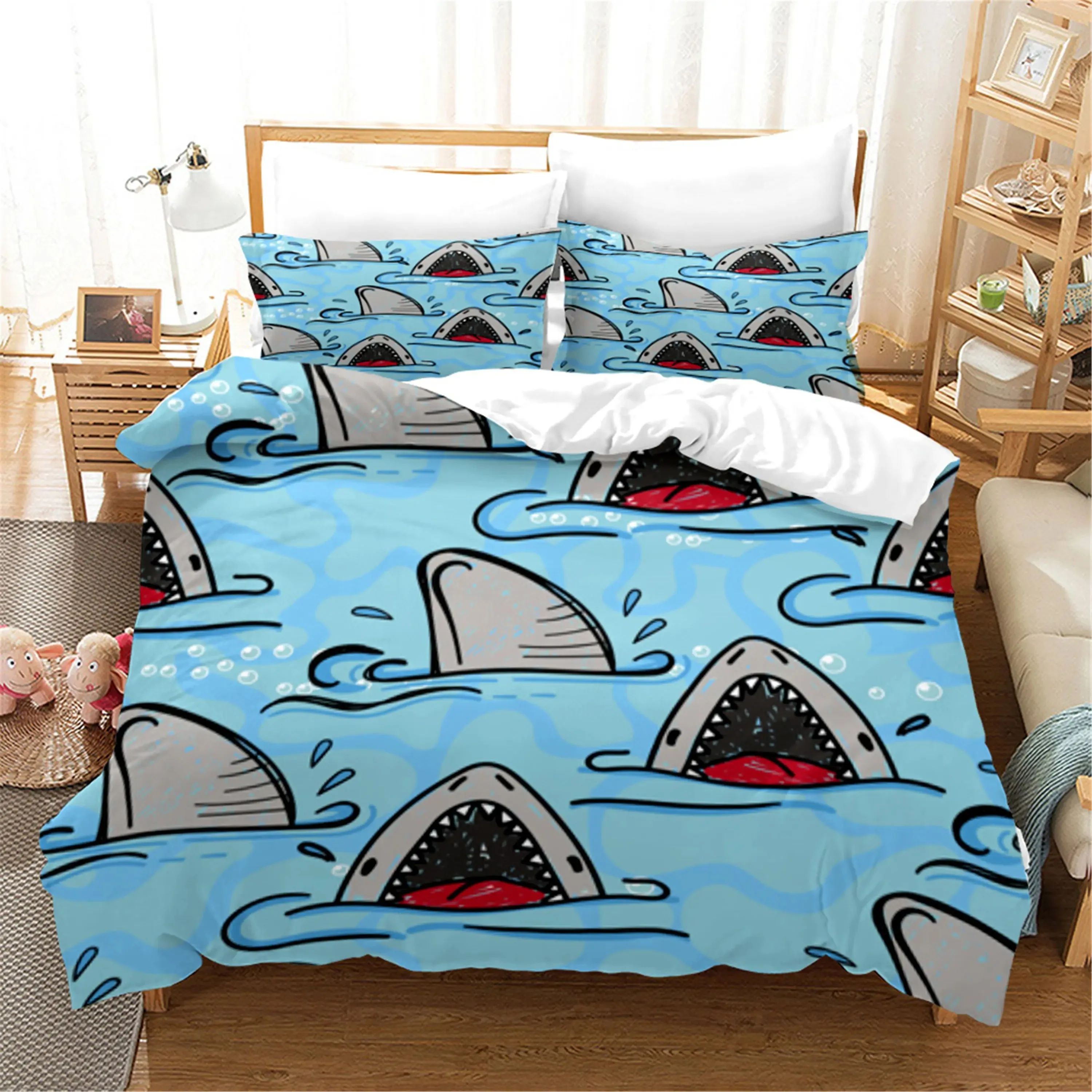 

3D Blue Ocean Sharks Duvet Cover with Pillow Cover Bedding Set Single Double Twin Full Queen King Size Bed Set for Bedroom Decor