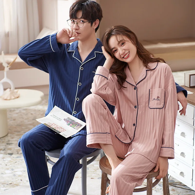 Korean Fashion Men's Cotton Sleepwear Autumn Women's Nightwear Cardigan Pjs Home Clothes Male Female Pajamas for Couple pyjamas