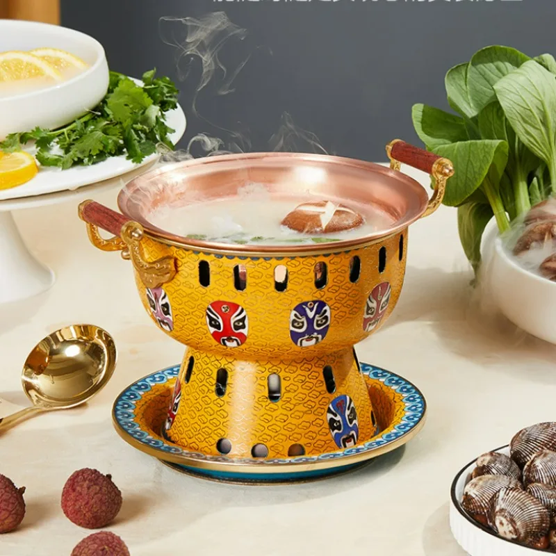 Cloisonne Copper Hot Pots,Chinese Red Quintessential Facebook Single Hotpot, Club Hotel Tableware Pure Copper Chafing Dish