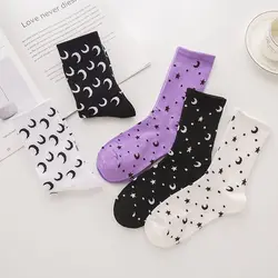 Donne viola cotone Skateboard Street Hip Hop calzini Unisex Harajuku Calcetines ragazze Sokken Stars Moon stampa divertente