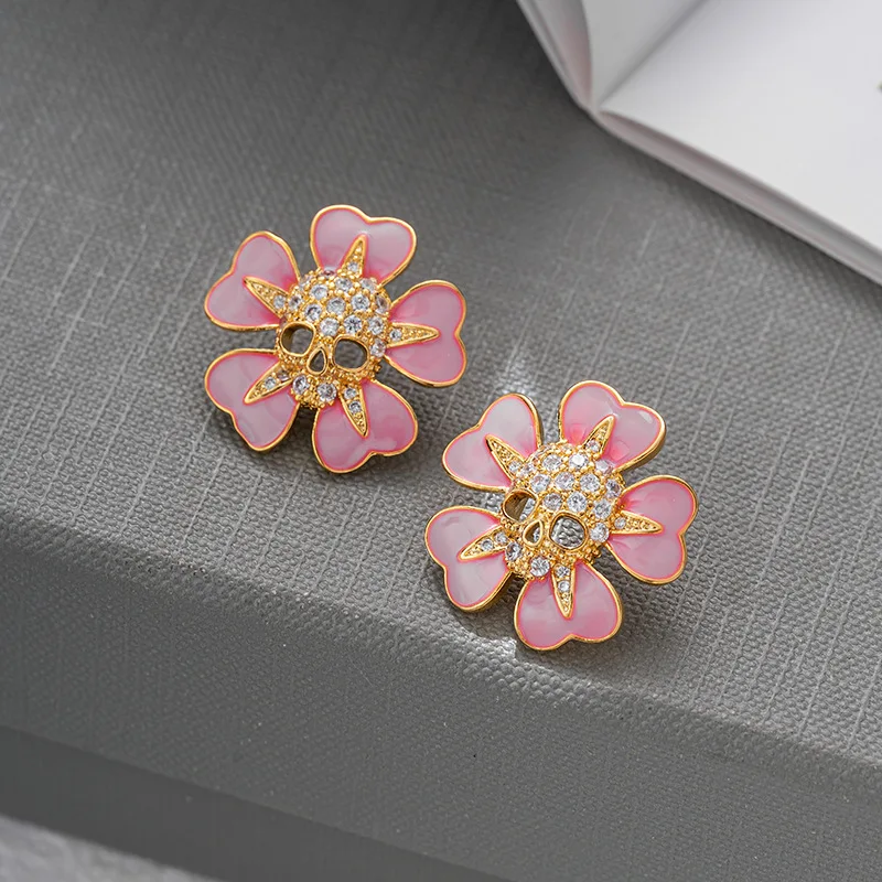 Skeleton Head Flower Earrings for Women Medieval Style Pink Diamond Inlaid Anniversary Gifts