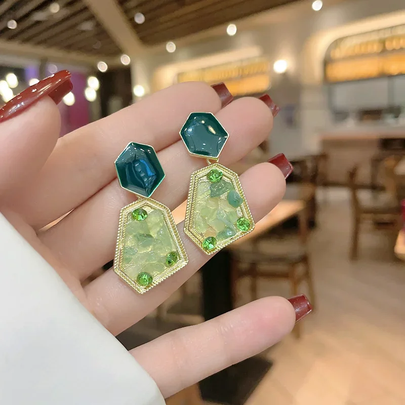Morandi French Natural Stone Crystal Rhinestone Enamel Geometry Drop Earring for Women European American Jewelry Trend Gift