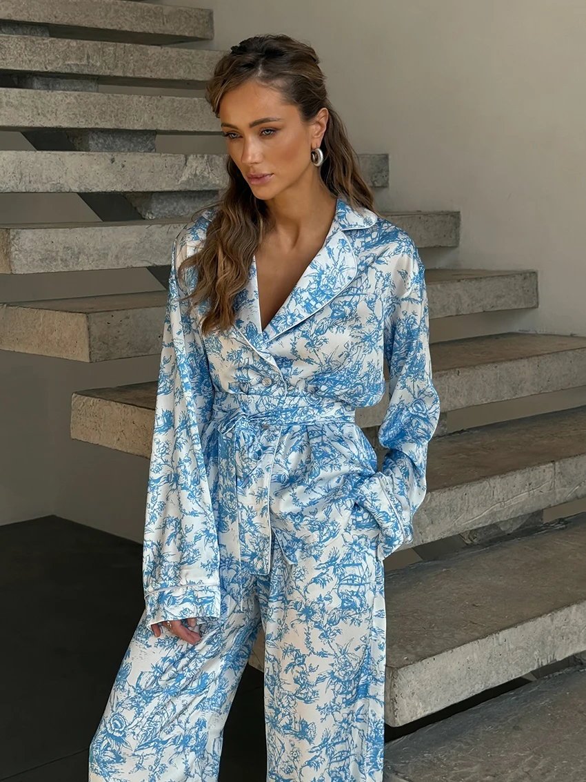 Marthaqiqi Printing Female Sleepwear Set Long Sleeve Robe Turn-Down Collar Pajamas Lace Up Nightgown Pants Casual Nightwear Suit