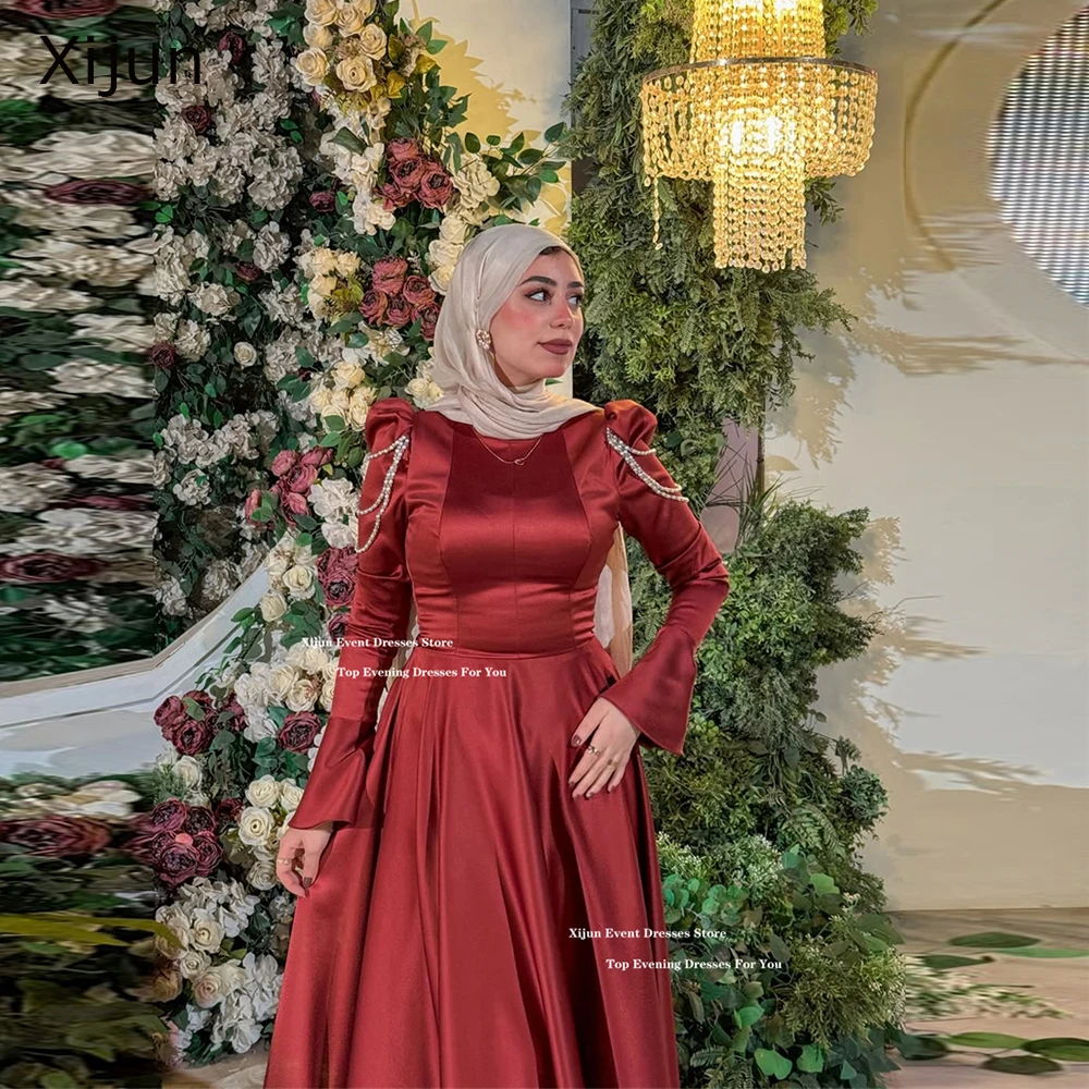 

Xijun Скромные красные атласные вечерние платья с длинными рукавами и жемчугом, трапециевидные платья для выпускного вечера длиной до пола, вечерние платья для выпускного вечера на заказ