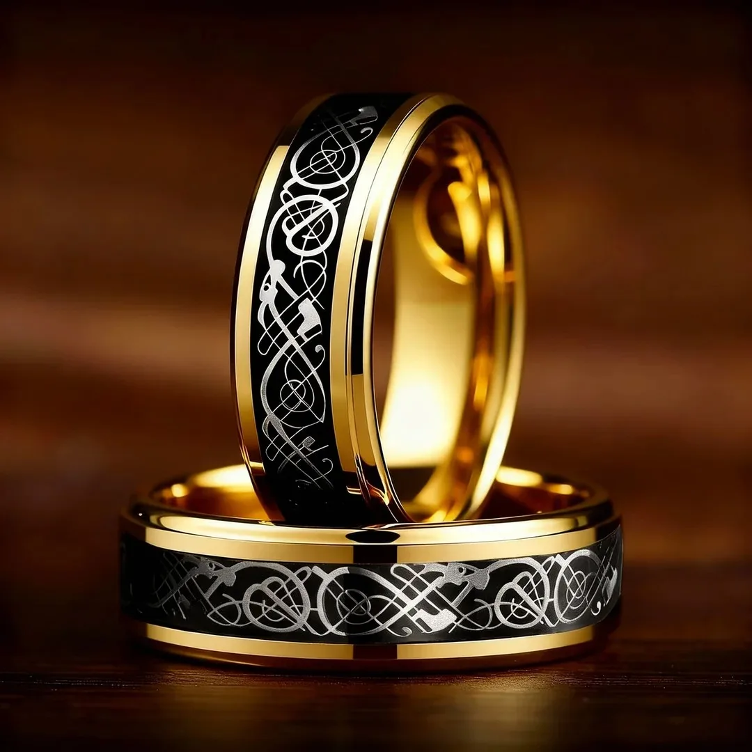 Wholesale Celtic Black Carbon Fiber Rings, Fashion Gold Color Men Stainless Steel Dragon Rings, Men Wedding Band Jewelry