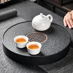 Round Rotating Imitation Ebony Stone Tea Tray High-end Household Tea Sets Dry Brew Tea Table Water Storage Ceramic Tray Luxury