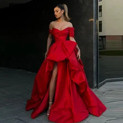 Dubai Red Satin High Low Evening Dresses 2024 Long Prom Gown Pleat Formal Dubai Saudi Arbia Prom Dresses Robe De Soirée