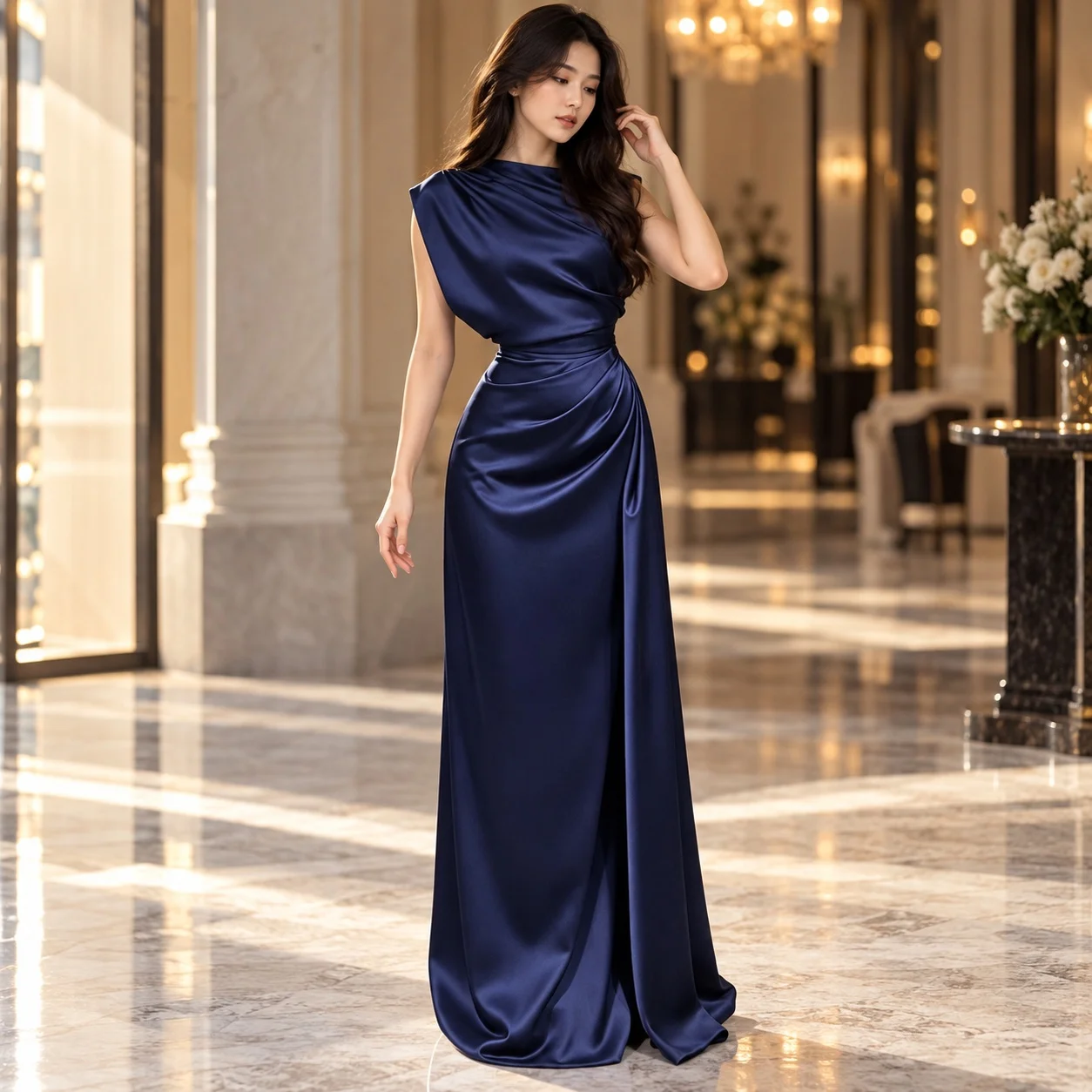 Woven Round Neck Gown Asymmetrical Hem Private Celebrity Style with Pull on Maxi Length Party Dress for Women Daily Date Party
