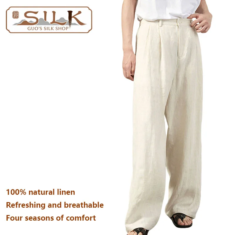 

Мужские брюки из натурального льна в европейском стиле, модная одежда высокого класса. Свободные брюки прямого кроя, подходящие для отдыха на природе.