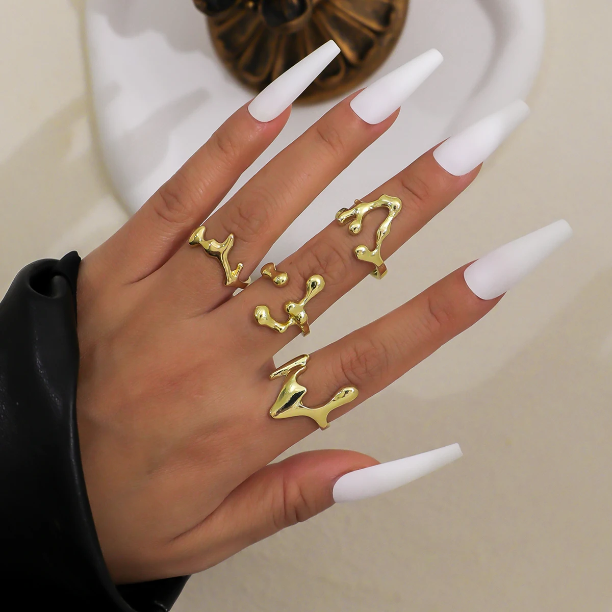 4Pcs Vintage Irregular Lava Open Ring Set for Women