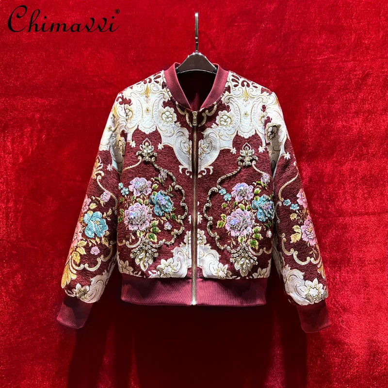 Heavy Beads Chinese Style High-end Red Casual Jackets Baseball Uniform Women's Autumn New Fashion Long Sleeve Retro Female Coat