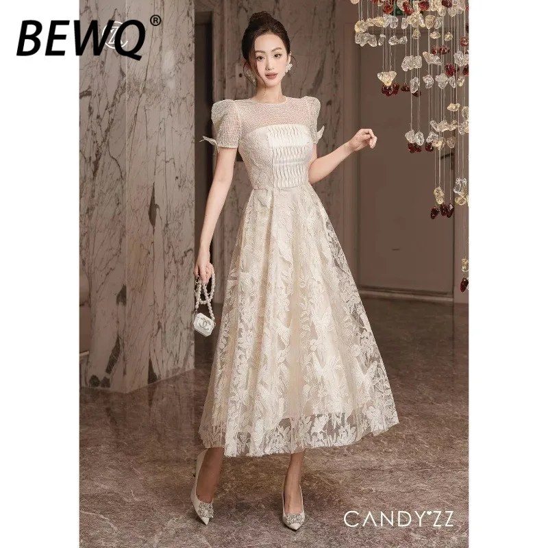 

BEWQ Fashion Women's Elegant Dress Gauze Patchwork Embroidery High Waist Lining Evening Party Dress 2025 Autumn New