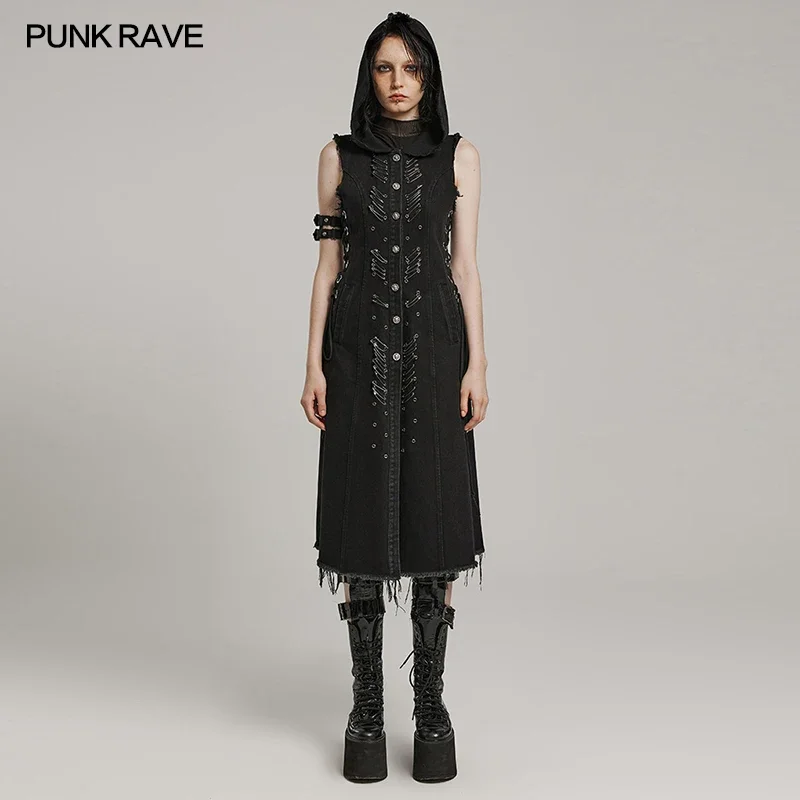 

PUNK RAVE Women's Punk Decayed Washed Denim Long Vest Handsome Drawstring Casual Black Vests Coat Women Clothing