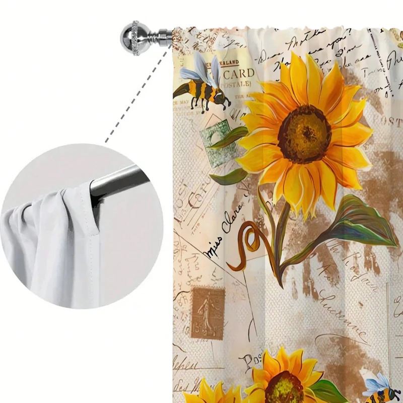 2 PCS Rustic Sunflower Kitchen Curtains Hot Sale Vintage Floral Butterfly Pattern Cafe Curtain Layer Home Decor Blackout Fabric