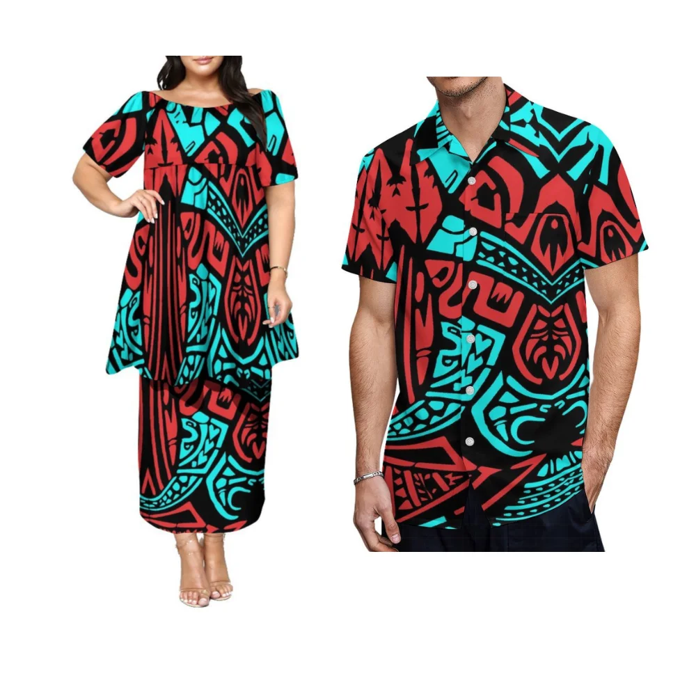 Livre de impostos manga borboleta manga média saia dupla camada puletasi vestido feminino polinésia personalizado casal terno camisas masculinas