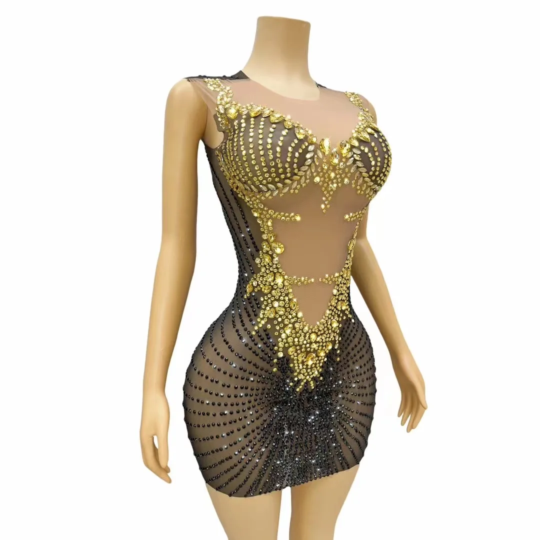 Sparkling Diamond Stretch Sexy Mesh Perspective Mini Dress Birthday Evening Party Singer Nightclub Stage Performance Costume