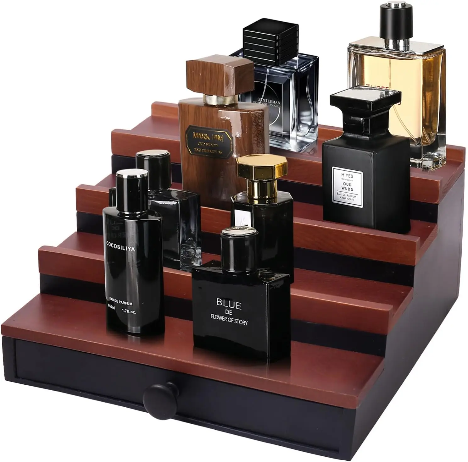 

4-Tier Walnut Black Cologne Organizer for Men with Drawer & Hidden Compartment