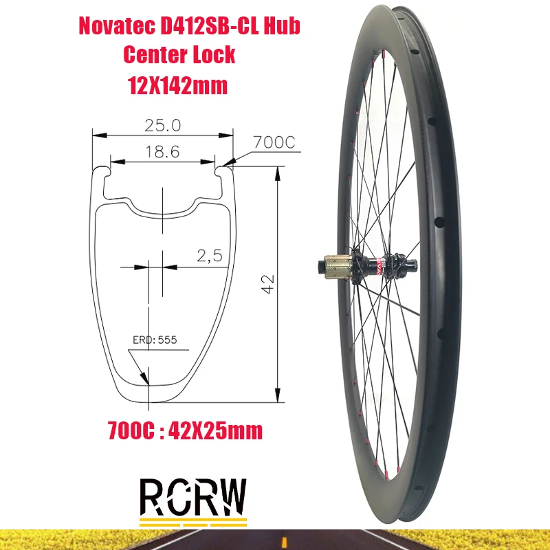 

700C 42x25mm Rear Wheel Carbon Rim 24 Hole Deep 42 Wide 25 Asymmetric Tubeless Novatec D412SB-CL Disc Center Lock HG XD XDR Hub